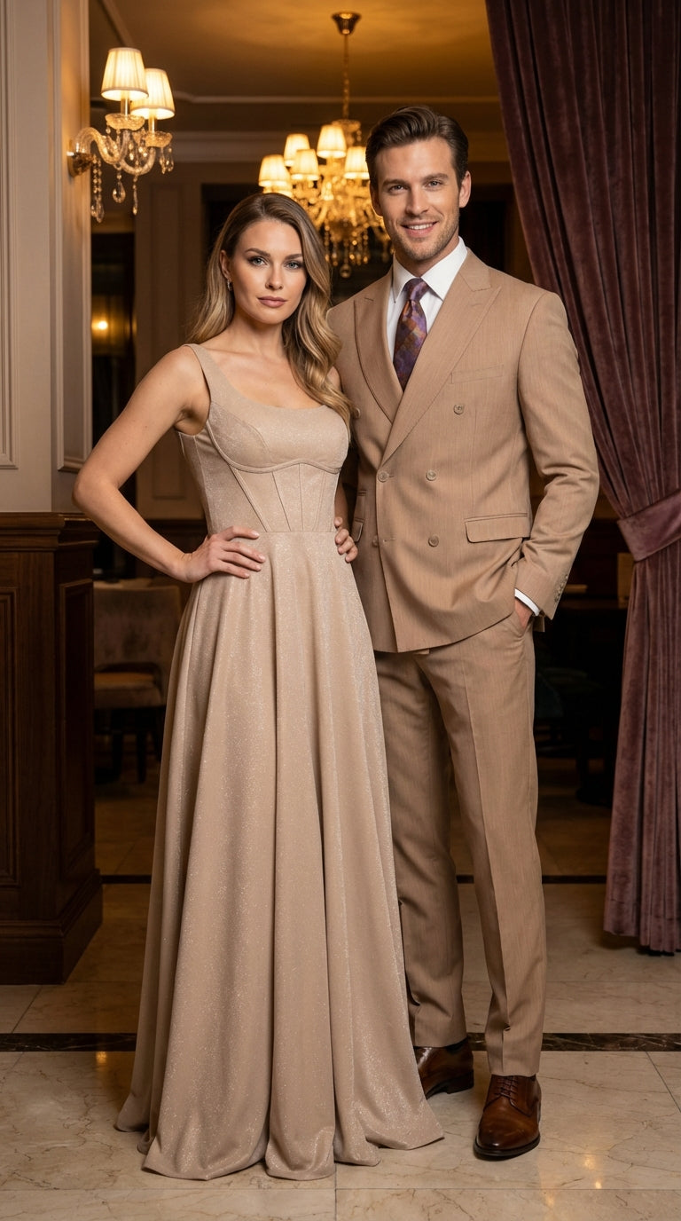 Vitali Tan Double Breasted Suit – Men’s 2 Piece Formal Suit for Wedding, Business and Special Events khaki beige color Modern Fit