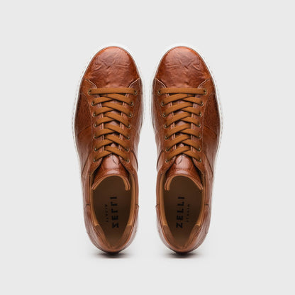 Zelli Vivo Tumbled Calfskin Sneakers in Cognac with White Rubber Sole