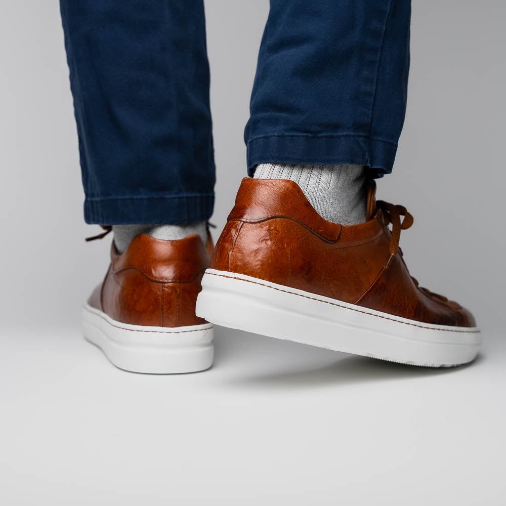 Zelli Vivo Tumbled Calfskin Sneakers in Cognac with White Rubber Sole
