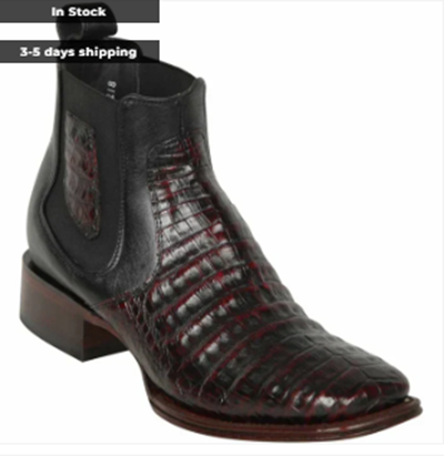 Los Altos Men's Wide Square Toe Caiman Belly Short Boots - Black Cherry