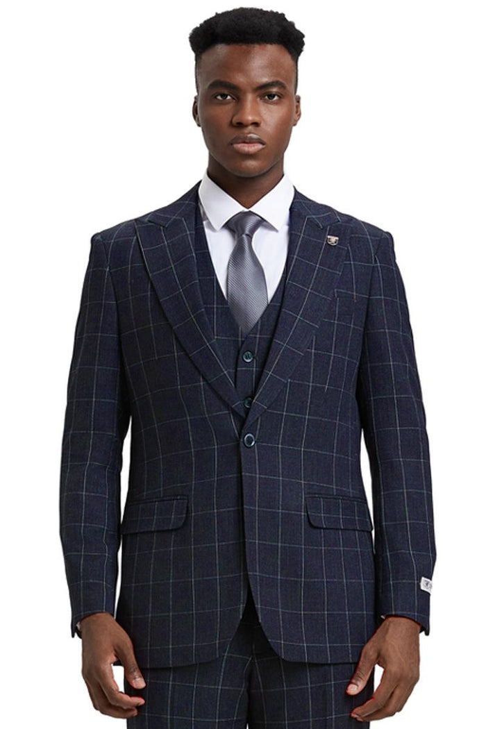 Men's Stacy Adams Vest Classic Bold Windowpane Suit in Navy Blue