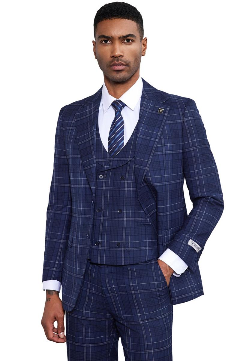 Men's Stacy Adams Vested Two Button Double Windowpane Plaid Suit in Navy - Image 4