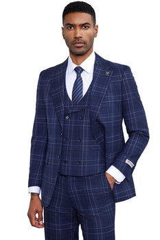 Men's Stacy Adams Vested Two Button Double Windowpane Plaid Suit in Navy - Image 4