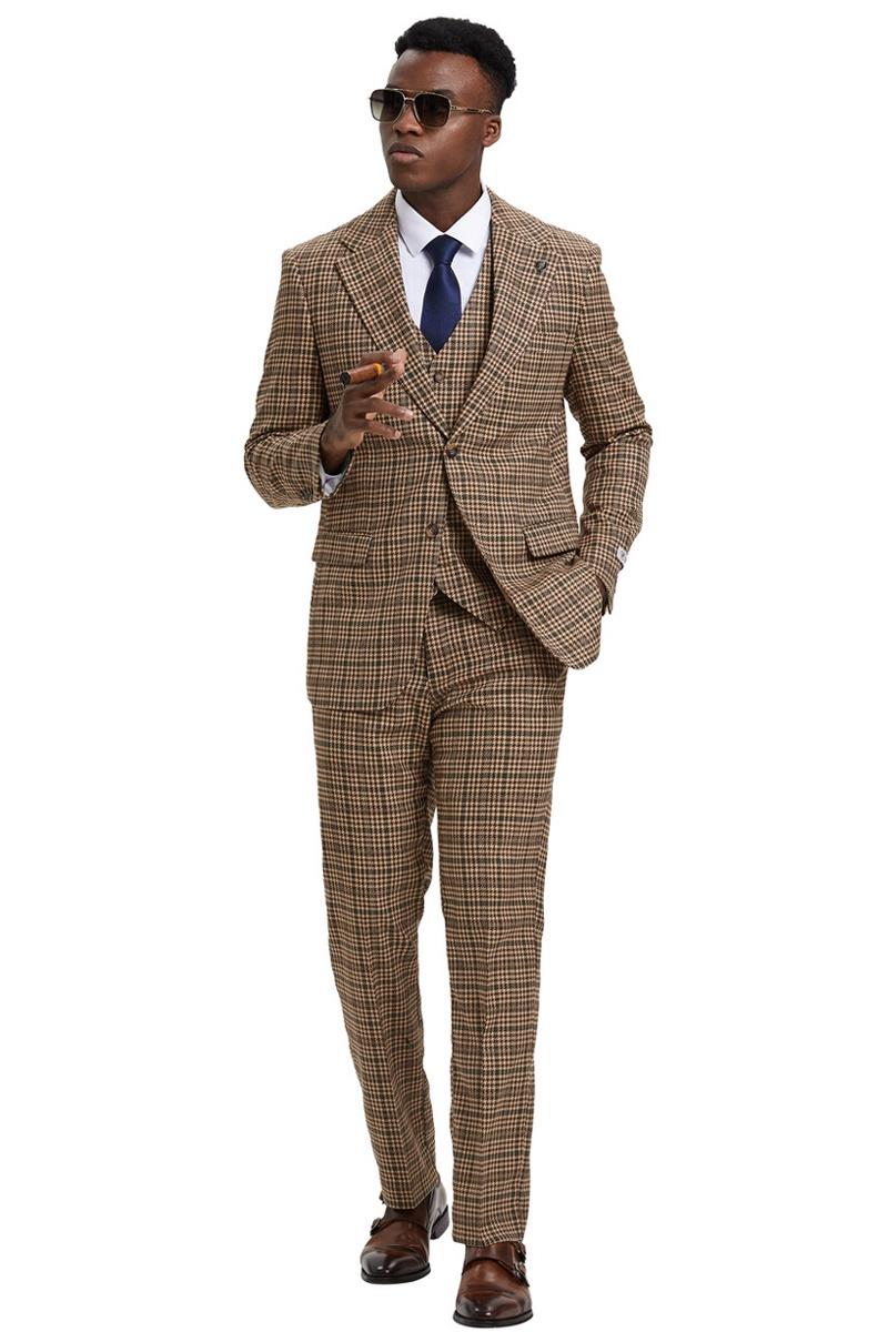 Men's Stacy Adams Vested Modern Fit Houndstooth Glen Plaid Suit in Camel & Green - Image 2
