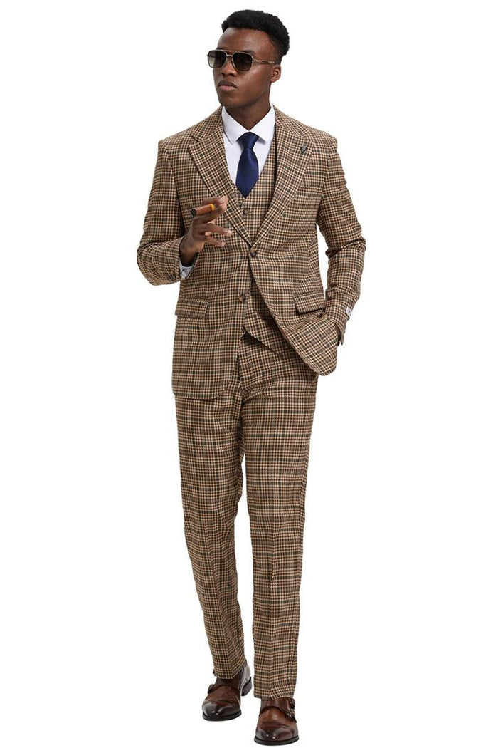 Men's Stacy Adams Vested Modern Fit Houndstooth Glen Plaid Suit in Camel & Green - Image 2