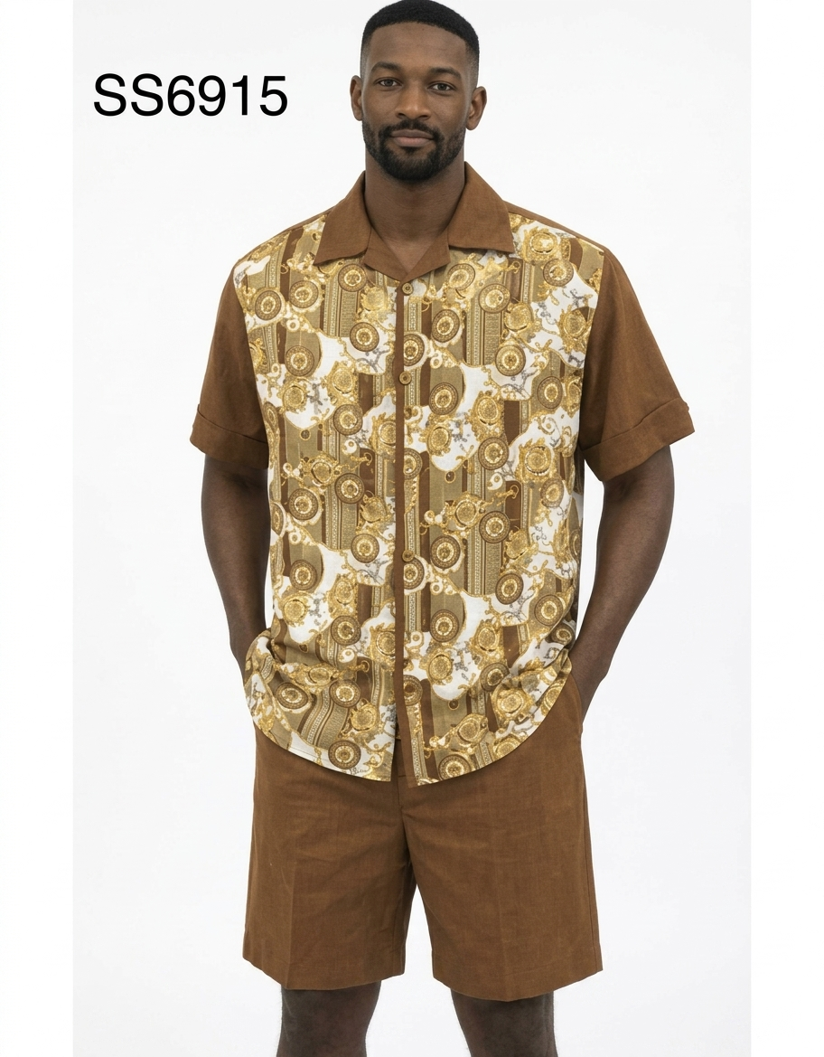 Men’s Brown Baroque Print Short Set – 2 Piece Casual Summer Outfit