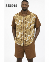 Men’s Brown Baroque Print Short Set – 2 Piece Casual Summer Outfit
