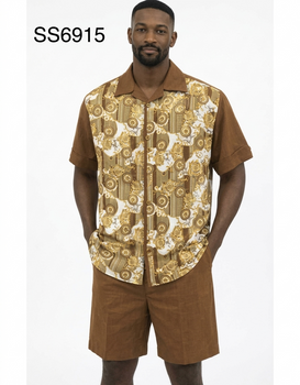 Men’s Brown Baroque Print Short Set – 2 Piece Casual Summer Outfit