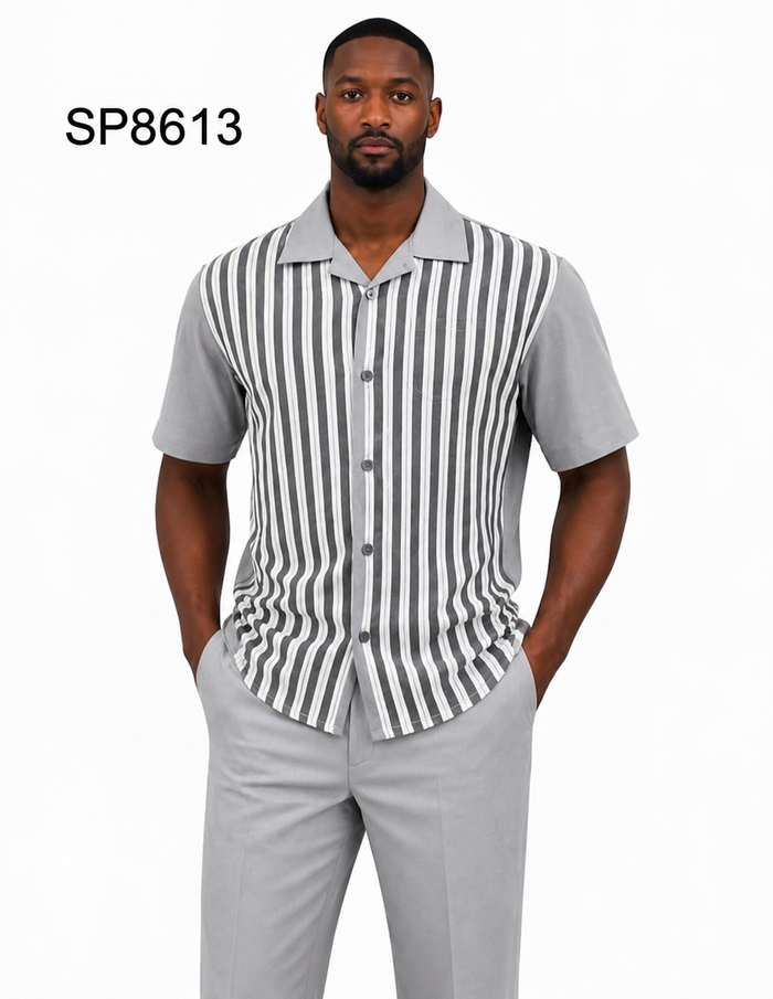Men’s Light Gray Vertical Stripe Walking Suit Set – 2 Piece Short Sleeve Casual Outfit