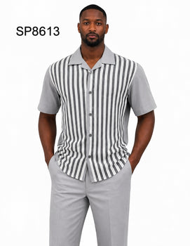Men’s Light Gray Vertical Stripe Walking Suit Set – 2 Piece Short Sleeve Casual Outfit