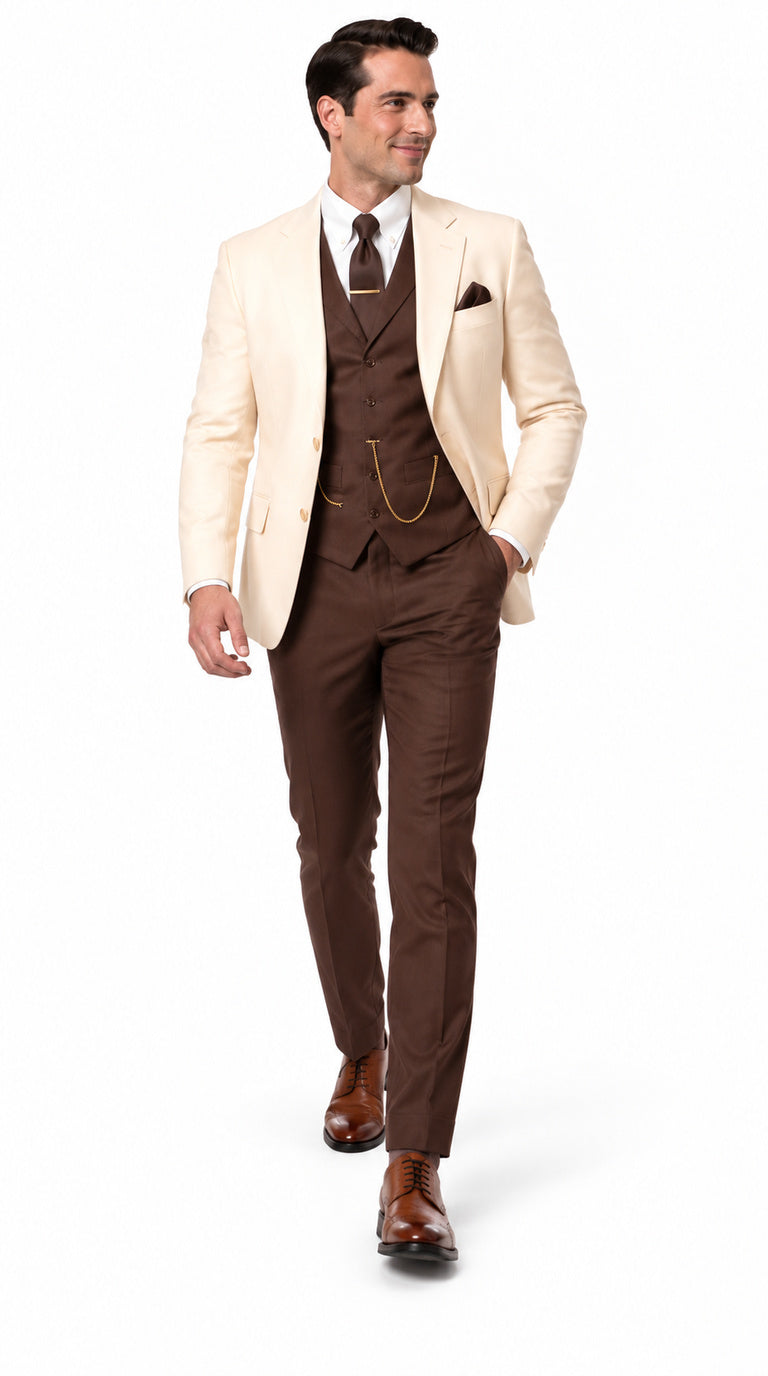 Great Gatsby 1920s Ivory Dinner Jacket with Brown Vest and Pants – Cream Off-White Collar Outfit
