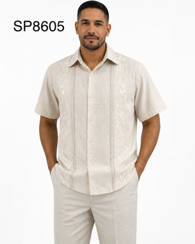 Men’s Stone Beige Embroidered Walking Suit Set – 2 Piece Short Sleeve Casual Outfit