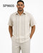 Men’s Stone Beige Embroidered Walking Suit Set – 2 Piece Short Sleeve Casual Outfit