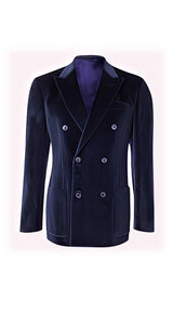 Mens Double Breasted Suits 6 Buttons Velour Jacket - Navy Blue Velvet Blazer - Slim Fitted