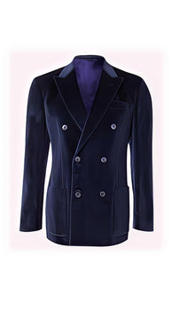 Mens Double Breasted Suits 6 Buttons Velour Jacket - Navy Blue Velvet Blazer - Slim Fitted
