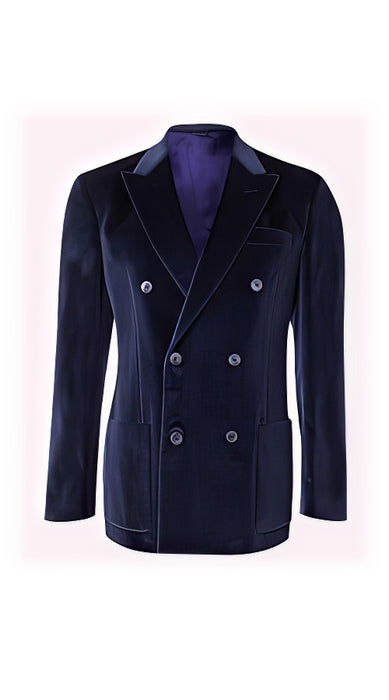 Mens Double Breasted Suits 6 Buttons Velour Jacket - Navy Blue Velvet Blazer - Slim Fitted