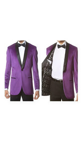 Velvet Blazer - Mens Velvet Jacket Velvet Shawl Collar Dinner Smoking Purple Tuxedo + Velvet Bowtie + Black Pants