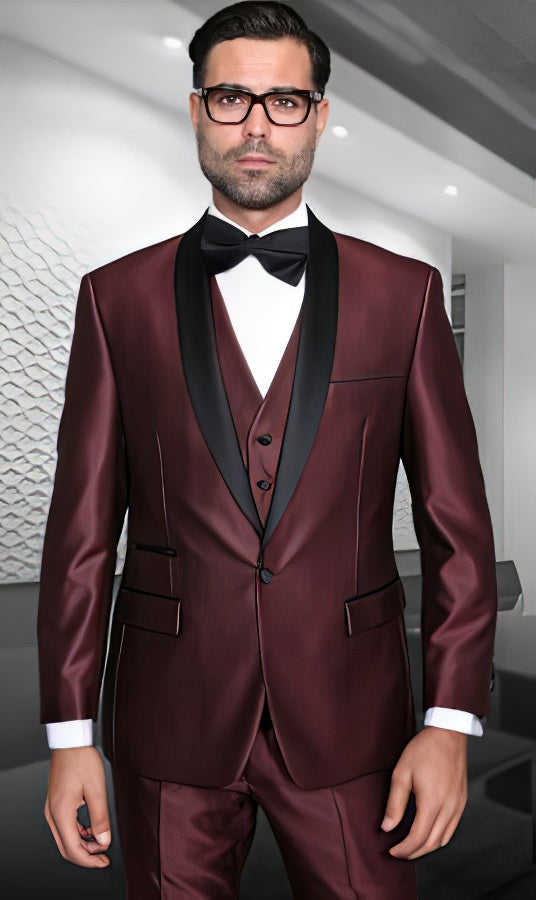 Burgundy Shiny Tuxedo Vested Suit - Sateen Sharkskin Fabric Groom Suit - Image 9