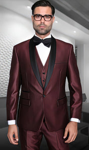 Burgundy Shiny Tuxedo Vested Suit - Sateen Sharkskin Fabric Groom Suit