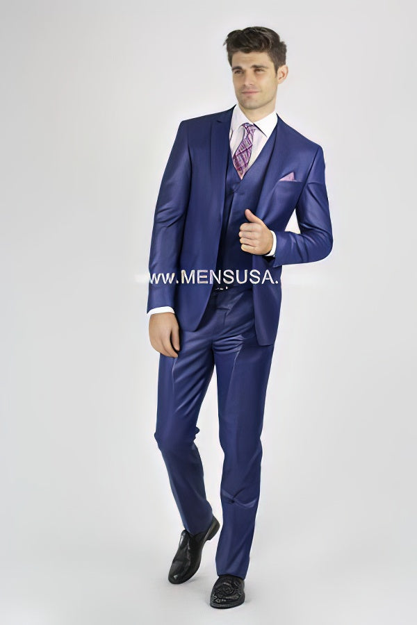 Vitali Brand Suits - Notch Lapel 2 Button Slim Fit Dress Sharkskin Textured Pattern Tapered Fit Suits for Men With Vent Royal Blue Online Discount Fashion Sale