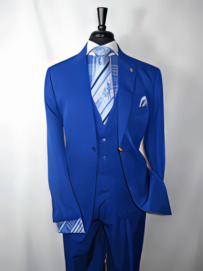 Men’s Royal Blue 3 Piece Vested Suit, 2 Button Peak Lapel Formal Wedding Prom Business Suit