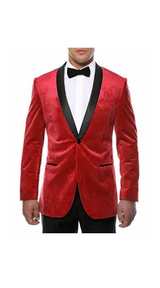 Men's Red Two Toned With Black Lapel Side Vented  Velvet Velour Blazer