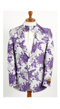Mens Two Button White ~ Lavender Purple Paisley Pattern Blazer Bowtie Included