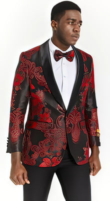 Mens Plus Size Blazers - Large Mens Blazers Mens Black ~ Red Paisley Blazer - Big and Tall Sport Coat With Bowtie