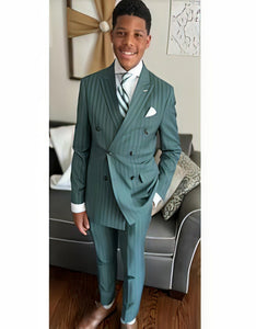 Mens "Hunter Green - Olive Green" Double Breasted Pinstripe Suit - Flat Front Pant