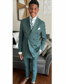 Mens "Hunter Green - Olive Green" Double Breasted Pinstripe Suit - Flat Front Pant - Image 9