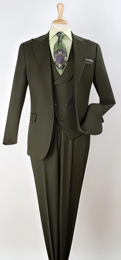 Classic Wool Fabric Fit - Pleated Pants - Peak Lapel With Double Breasted Vest - Athletic Fit Solid Olive Mens Suit - Image 10