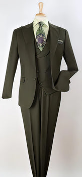 Classic Wool Fabric Fit - Pleated Pants - Peak Lapel With Double Breasted Vest - Athletic Fit Solid Olive Mens Suit - Image 10