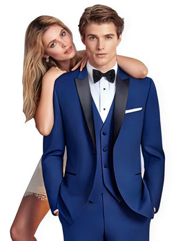Men's Indigo Blue - Saphire - Cobalt Blue Suit Black Satin Peak Lapel 1 Button Vested Tuxedo