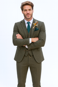 SKU#JA60784 Groomsmen Tweed Suit - Green Herringbone Western Suit - Traje Para Hombre