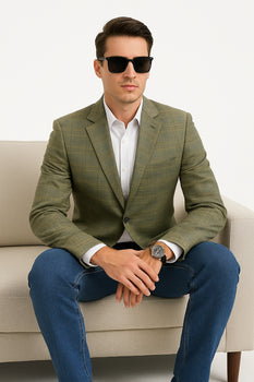 Saco vaquero - Western Sport Coat - Western Blazer - Men's Two Button Regular Fit Windowpane Plaid Sport Coat Blazer In Light Olive Green