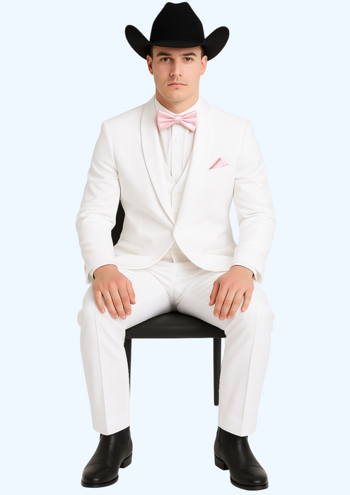 Western Suit - Trajes Para Hombres - Cowboy Formal Attire - Trajes De Novio - Notch Lapel Besom Pocket One Button White Suit