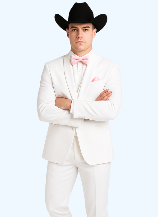 Western Suit - Trajes Para Hombres - Cowboy Formal Attire - Trajes De Novio - Notch Lapel Besom Pocket One Button White Suit