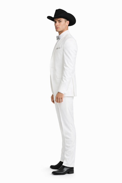 Western Suit - Trajes Para Hombres - Cowboy Formal Attire - Trajes De Novio - Notch Lapel Besom Pocket One Button White Suit