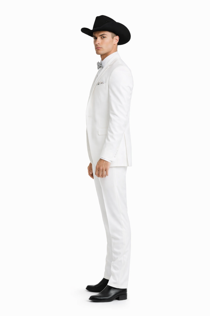 Western Suit - Trajes Para Hombres - Cowboy Formal Attire - Trajes De Novio - Notch Lapel Besom Pocket One Button White Suit