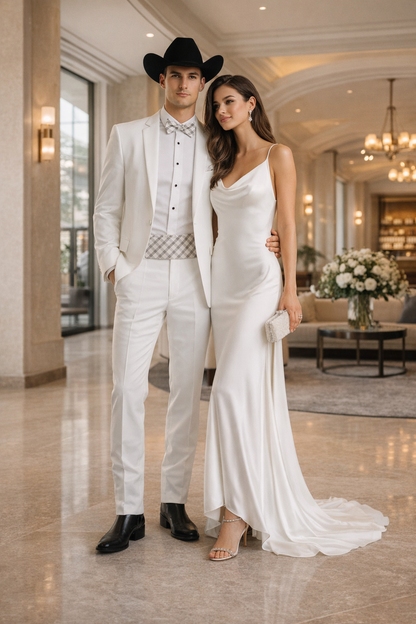 Western Suit - Trajes Para Hombres - Cowboy Formal Attire - Trajes De Novio - Notch Lapel Besom Pocket One Button White Suit