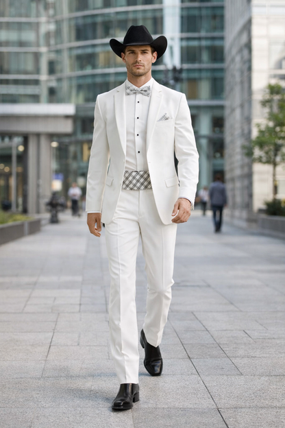 Western Suit - Trajes Para Hombres - Cowboy Formal Attire - Trajes De Novio - Notch Lapel Besom Pocket One Button White Suit