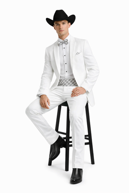 Western Suit - Trajes Para Hombres - Cowboy Formal Attire - Trajes De Novio - Notch Lapel Besom Pocket One Button White Suit