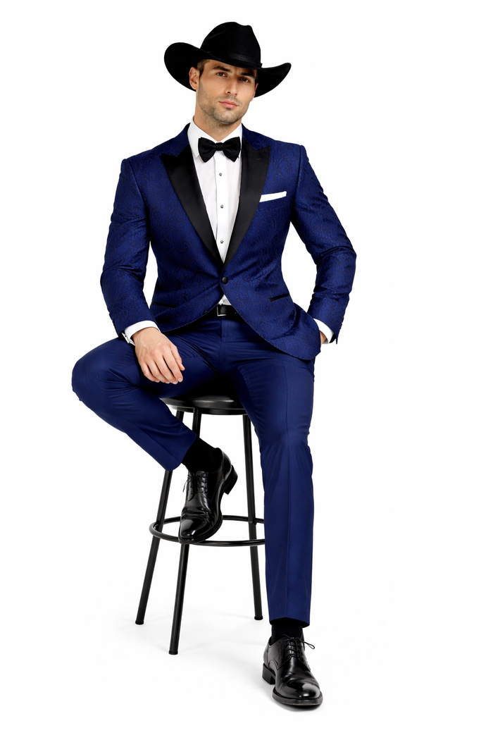Western Suit - Trajes Para Hombres - Cowboy Formal Attire - Trajes De Novio - Peak Lapel Single Breasted Blue Suit