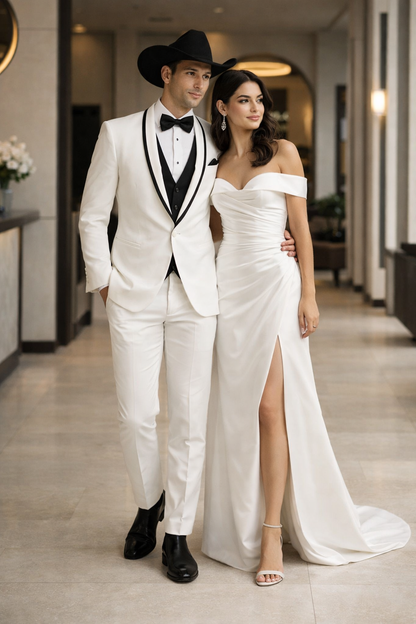 Western Suit - Trajes Para Hombres - Cowboy Formal Attire - Trajes De Novio - Shawl Lapel Suit White