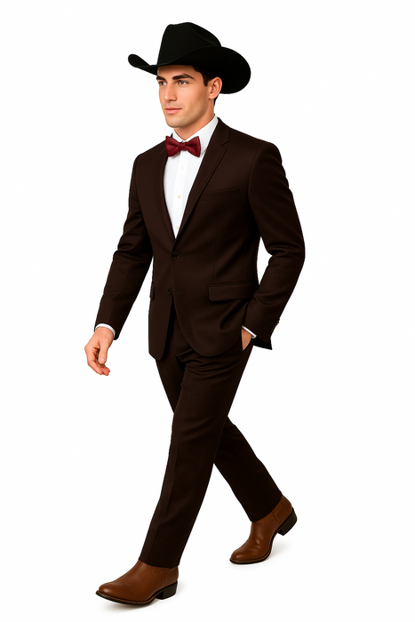 Western Suits For Wedding - Traje Para Hombre - Cowboy Suit With Trim Collar - Slim Fit Cut -  Brown Fitted Pants