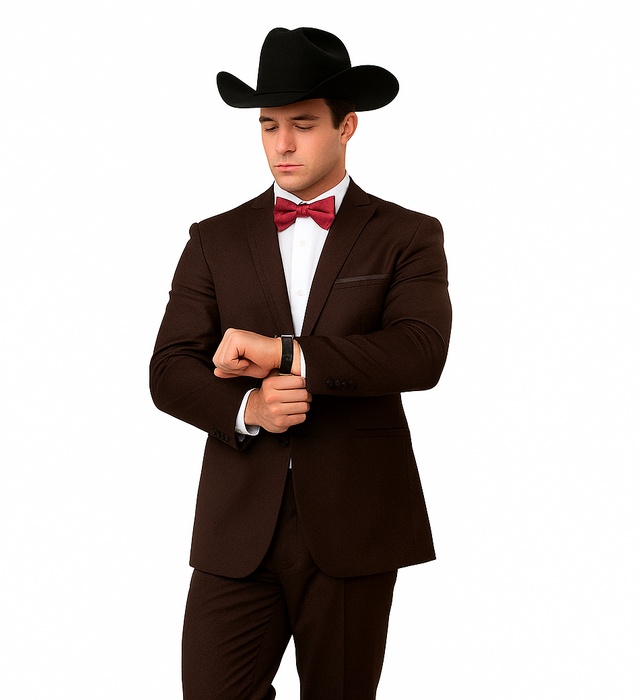 Western Suits For Wedding - Traje Para Hombre - Cowboy Suit With Trim Collar - Slim Fit Cut -  Brown Fitted Pants