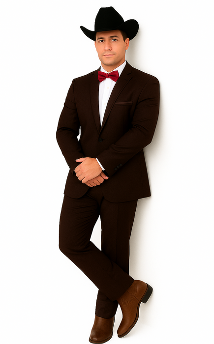 Western Suits For Wedding - Traje Para Hombre - Cowboy Suit With Trim Collar - Slim Fit Cut -  Brown Fitted Pants