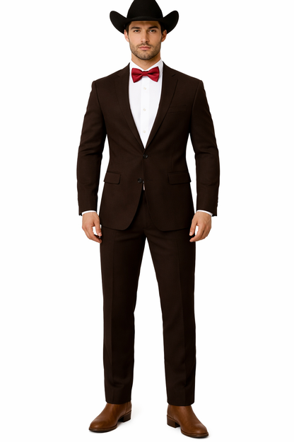 Western Suits For Wedding - Traje Para Hombre - Cowboy Suit With Trim Collar - Slim Fit Cut -  Brown Fitted Pants