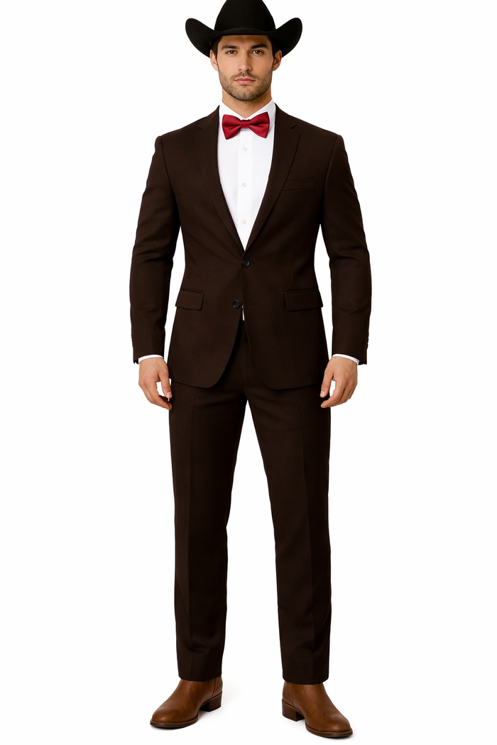 Western Suits For Wedding - Traje Para Hombre - Cowboy Suit With Trim Collar - Slim Fit Cut -  Brown Fitted Pants