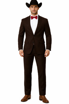 Western Suits For Wedding - Traje Para Hombre - Cowboy Suit With Trim Collar - Slim Fit Cut -  Brown Fitted Pants